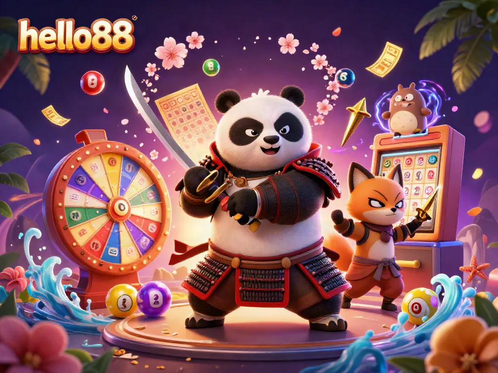 Join the action at hello88 with this dynamic 3D illustration featuring a samurai panda, ninja fox, and tanuki in a vibrant casino setting.