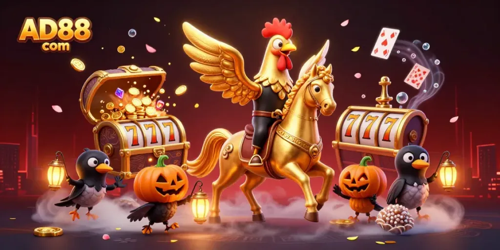 Experience the allure of AD88 com with a golden rooster in a vibrant casino setting, showcasing thrilling gaming elements.