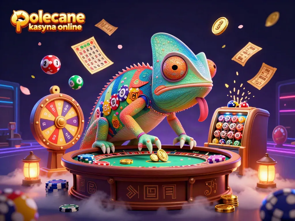 Experience polecane kasyna online with a vibrant 3D illustration featuring a colorful casino chameleon owner amidst dynamic lottery elements.