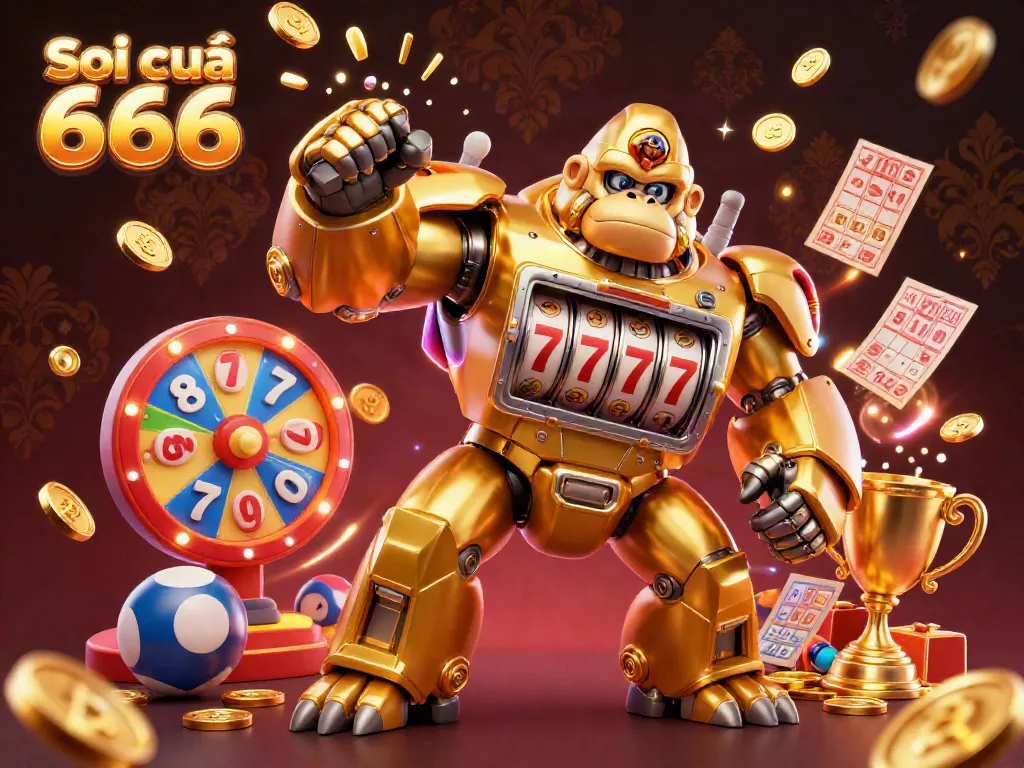 Soi cầu 666 features a dynamic golden gorilla mech among lottery elements celebrating winnings.