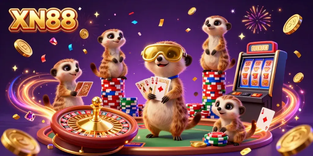 XN88 Meerkat casino scene with joyful characters, spinning roulette, and sparkling gems.