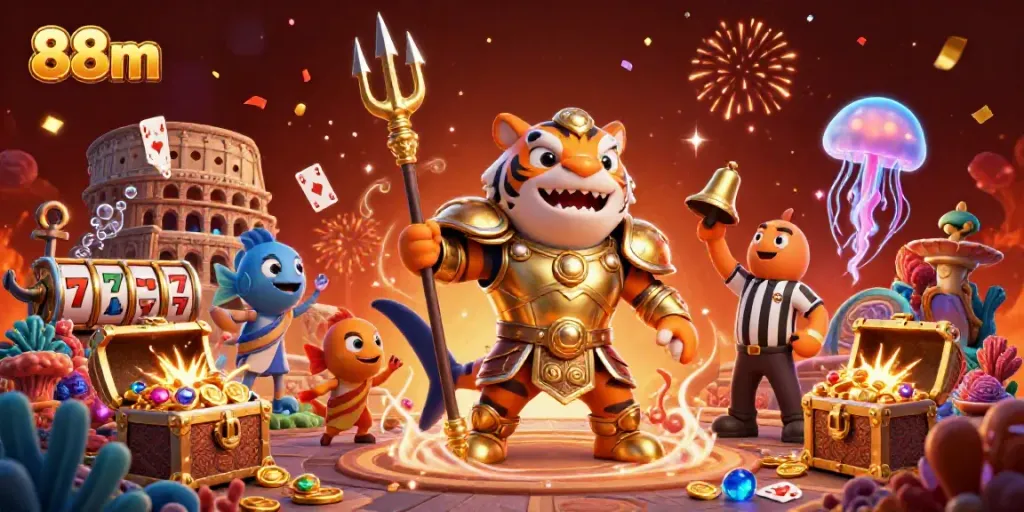 Engage in thrilling gameplay with 88m, a vibrant underwater casino scene featuring a tiger shark and treasure.