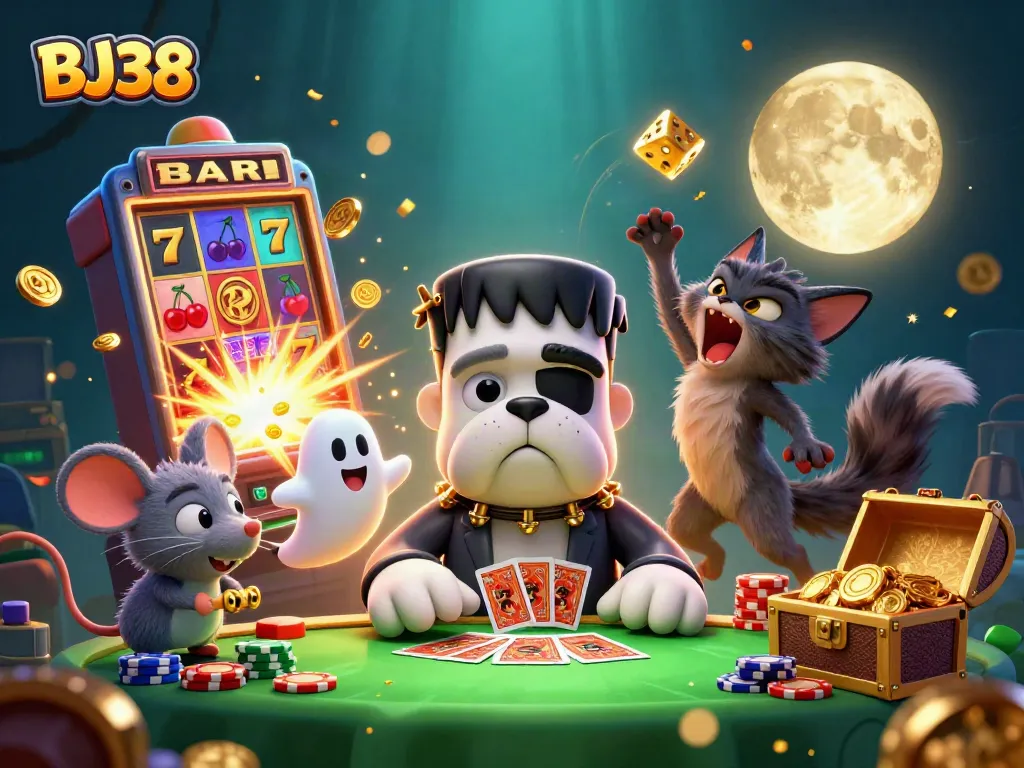BJ38 showcases an exciting cartoon casino scene with a bulldog dealer, ghost mouse, and werewolf kitten.