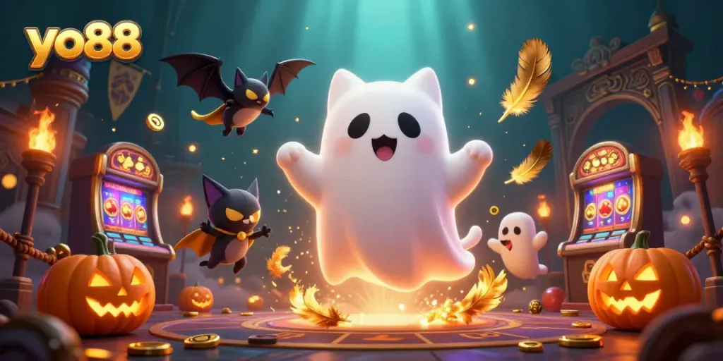 Win exciting prizes at yo88 with a 3D animated friendly ghost cat and dynamic casino elements.