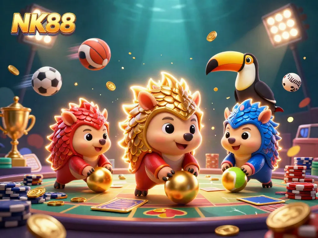 Engage with thrilling NK88 casino games featuring pangolins rolling golden balls among poker chips.