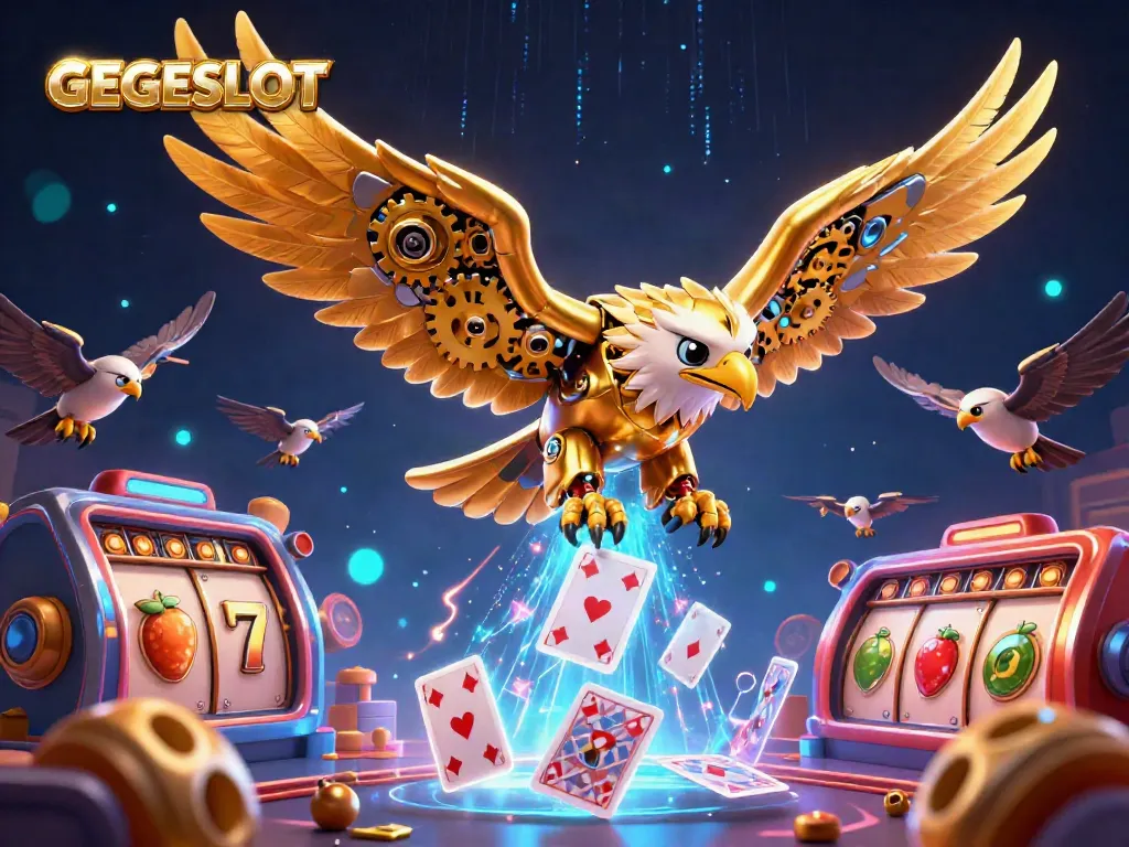 Experience GEGESLOT's vibrant 3D golden eagle diving through holographic cards in a rich casino environment.