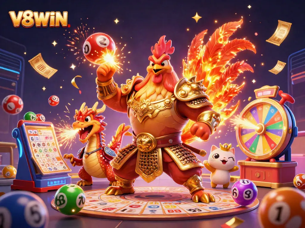 V8WIN celebrates with a dynamic 3D illustration of a rooster warrior, dragon hatchling, and fortune cat in a vibrant lottery scene.