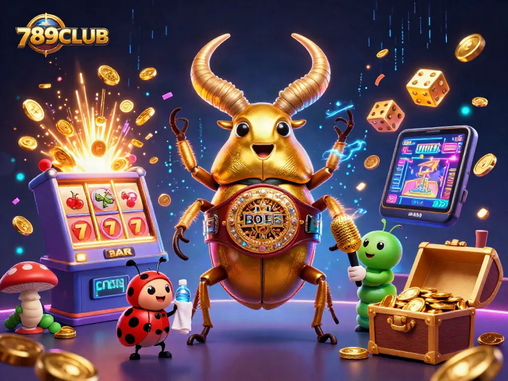 Experience the excitement of 789CLUB with vibrant 3D casino action featuring a golden stag beetle boxing champion.