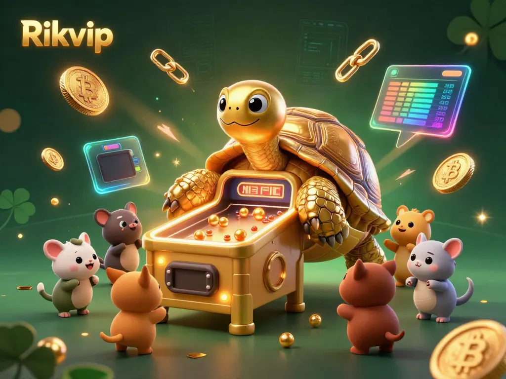 Experience thrilling gameplay on Rikvip's vibrant platform with a golden tortoise and crypto elements.