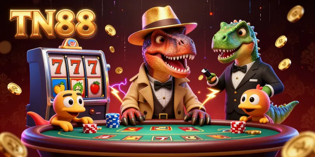 Engaging casino scene featuring the TN88 velociraptor card counter and stegosaurus pit boss amid dynamic slot gaming elements.