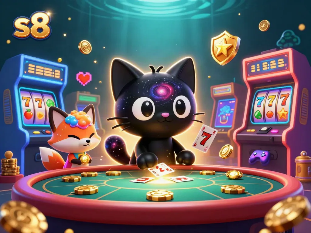 S8 players enjoy jackpots while spinning golden chips at a cosmic casino adventure.