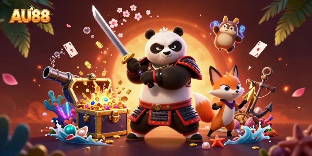 Experience thrilling adventure at AU88 with samurai panda, fox ninja, and magical tanuki in an underwater treasure scene.