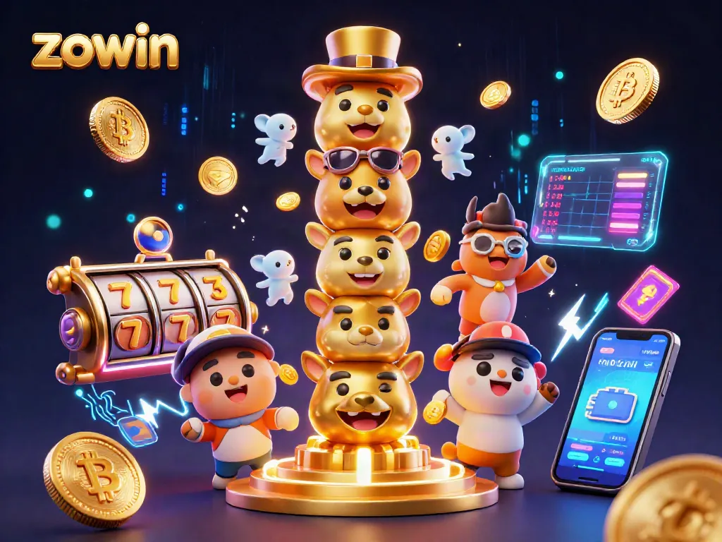 Engage with Zowin's vibrant casino scene featuring a golden totem pole, slot reels, and cryptocurrency elements.
