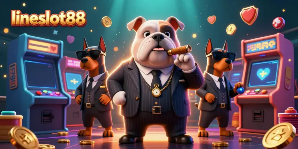 Engage in thrilling gameplay at lineslot88 with a mafia-themed casino illustration featuring vibrant slot machines and dynamic characters.