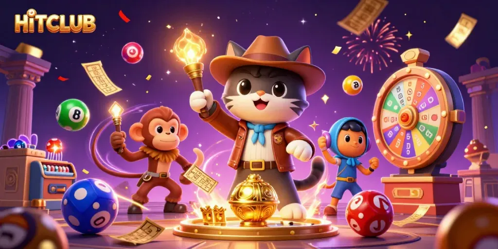 Engage with HITCLUB's energetic casino adventure featuring vibrant gaming elements and lively characters.