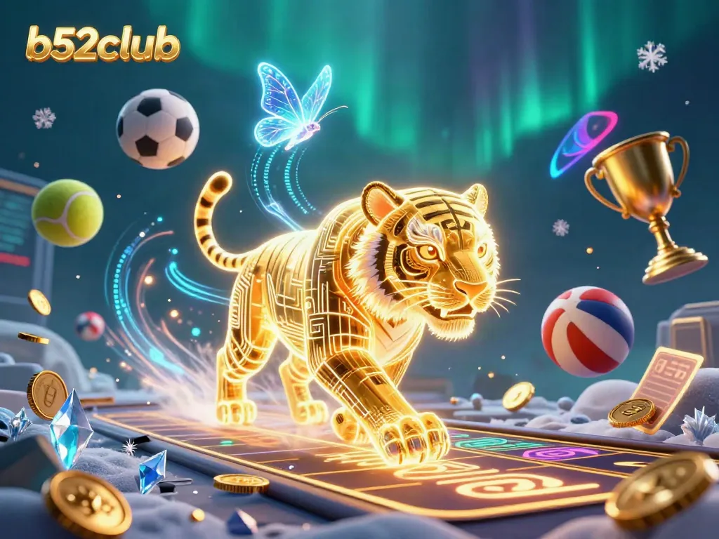 Engage in the vibrant world of b52club with a golden tiger illuminating a digital casino landscape.