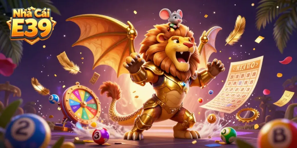 Celebrate wins at Nhà Cái E39 with vibrant casino-themed visual featuring dynamic gaming elements.