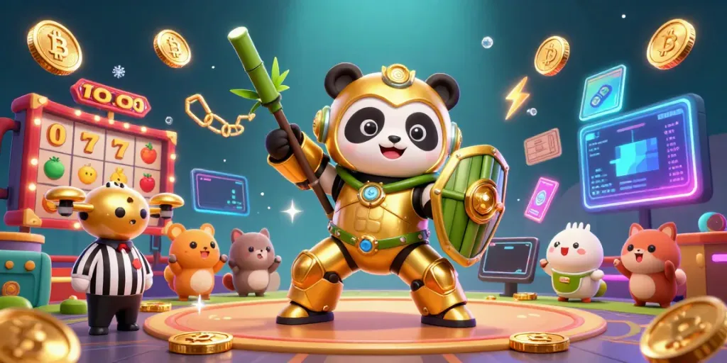 Engage in thrilling gaming at tx88 with a golden panda piloting a robot in an exciting casino setting.