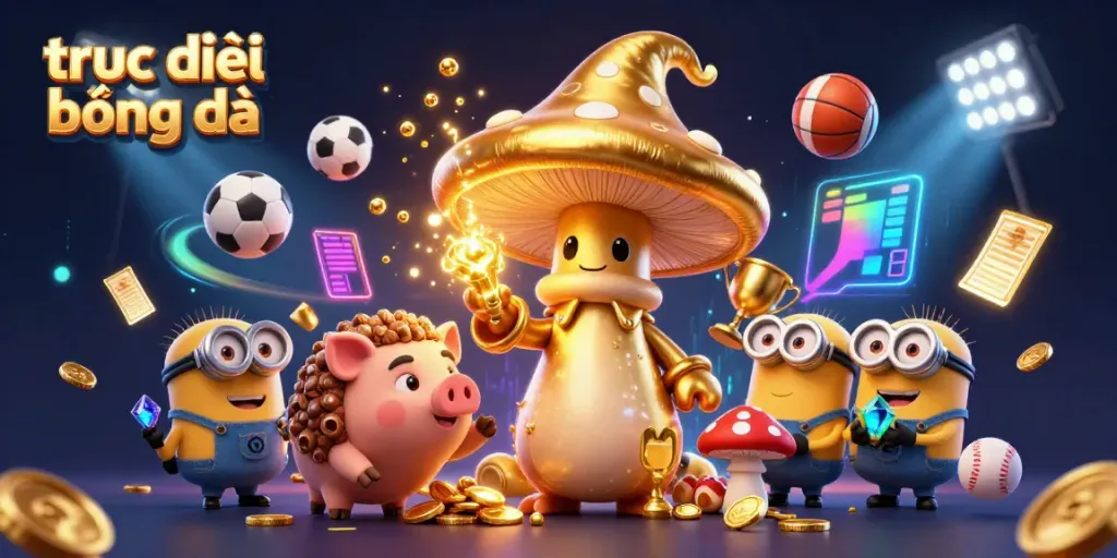 Experience trực tiếp bóng đá with dynamic sports elements and a magical mushroom scene featuring vibrant betting visuals.