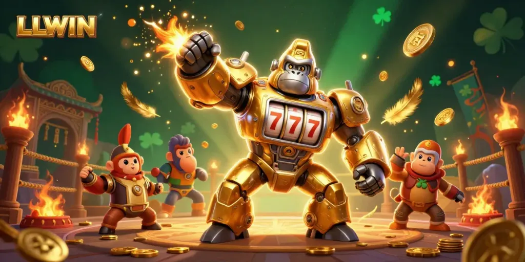 Experience the excitement of LLWIN with a golden gorilla mech and dynamic casino elements in a vibrant illustration.