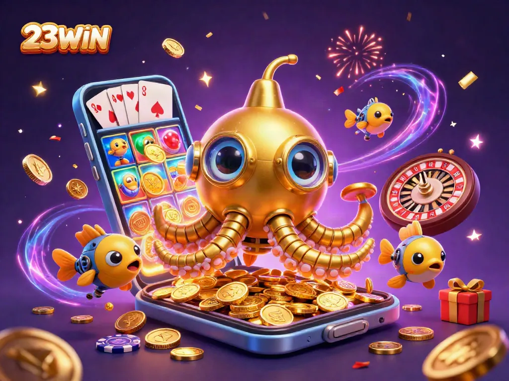 Experience exhilarating gameplay with 23WIN’s vibrant 3D casino scene filled with coins, cards, and jackpots.
