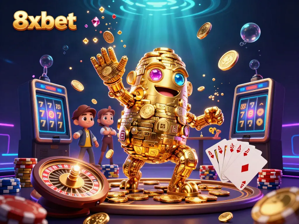 Experience the thrill of 8xbet with an exciting casino scene featuring a golden golem and dynamic game elements.