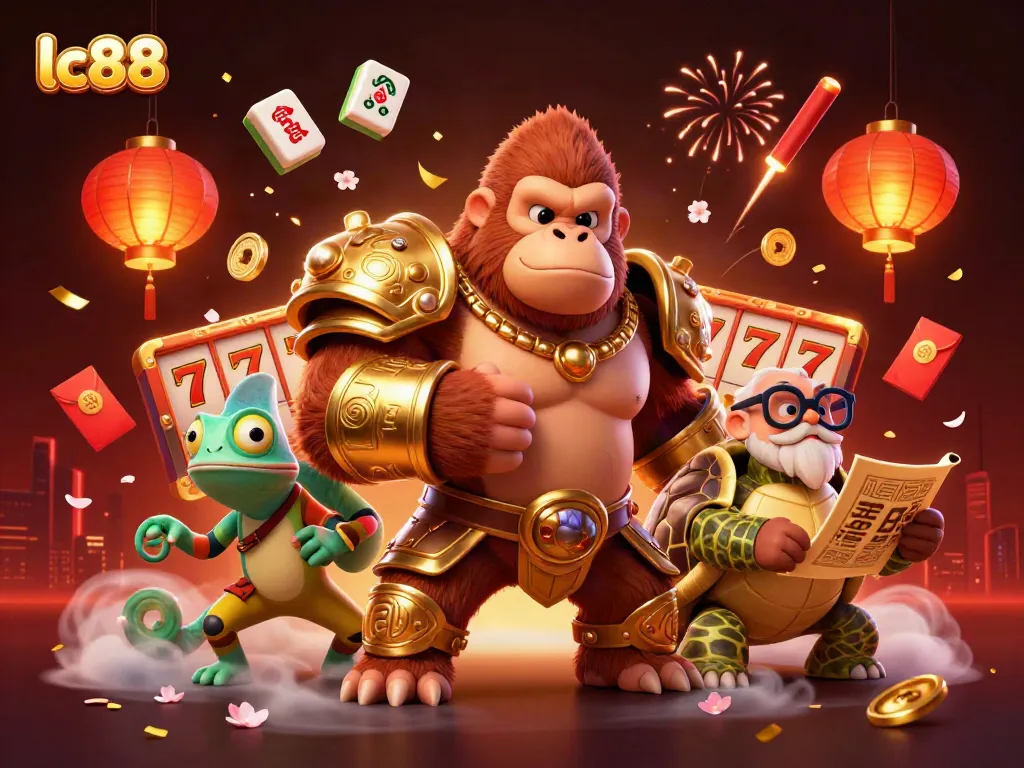 Experience the excitement of lc88 with a vibrant illustration featuring a powerful gorilla king, chameleon spy, and gambling elements.