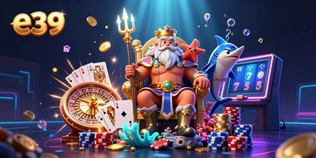 Experience captivating gaming thrills with e39's vibrant underwater casino scene featuring Neptune and treasures.