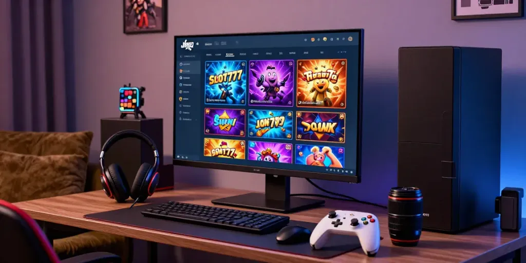 Engaging gaming scene with JERUKBET Slot777 interface and accessories inviting players.