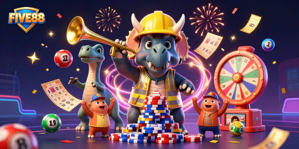 FIVE88 brings the excitement of gaming alive with a colorful casino celebration scene filled with lively characters and elements.