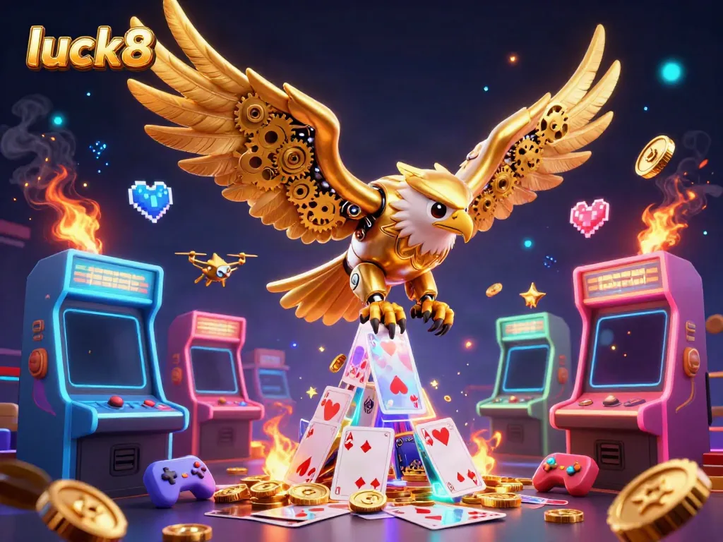 Engage in thrilling gameplay with luck8 as a golden eagle dives through vibrant holographic cards.