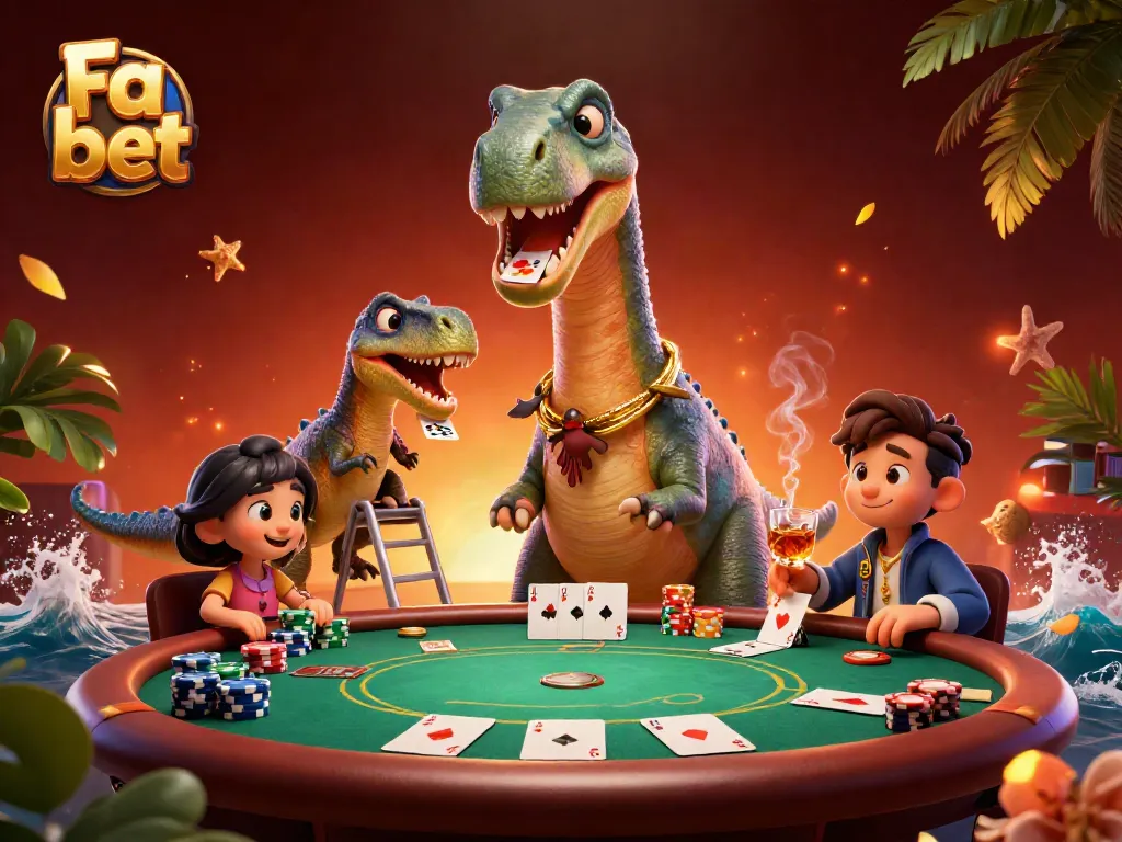Experience the Fa bet thrill with an entertaining casino scene featuring vivid characters and poker elements.