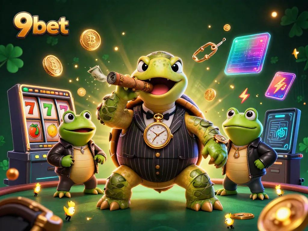 Experience a thrilling 9bet live casino scene featuring a snapping turtle mobster with vibrant game elements.