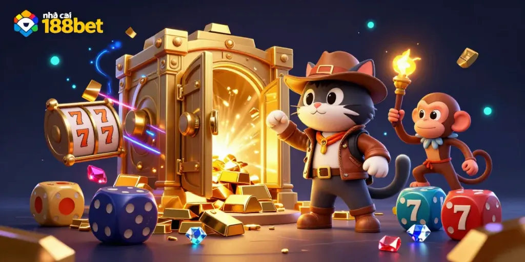 Experience the vibrant world of nhà cái 188bet with an explorer cat and monkey discovering a golden casino artifact in a dazzling treasure scene.