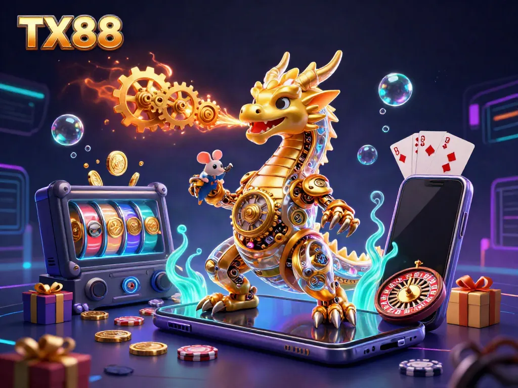 Experience exhilarating gaming with TX88, featuring a biomechanical dragon and vibrant slot game elements.