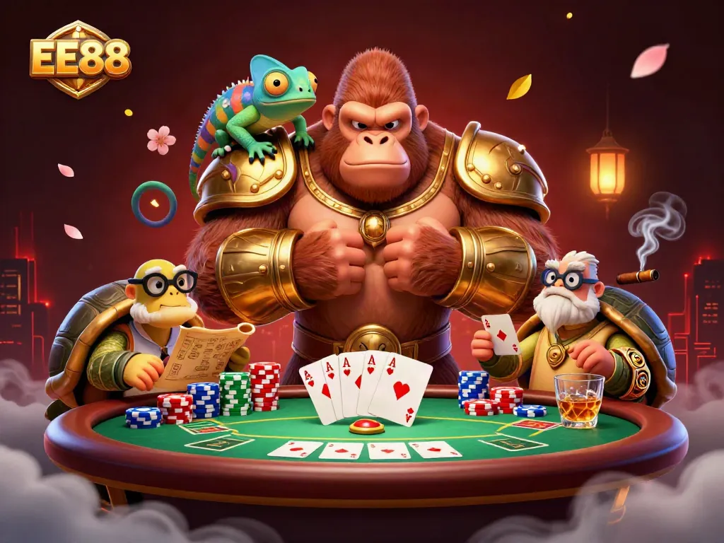 EE88 showcases a powerful gorilla king in a casino scene with vibrant poker elements.