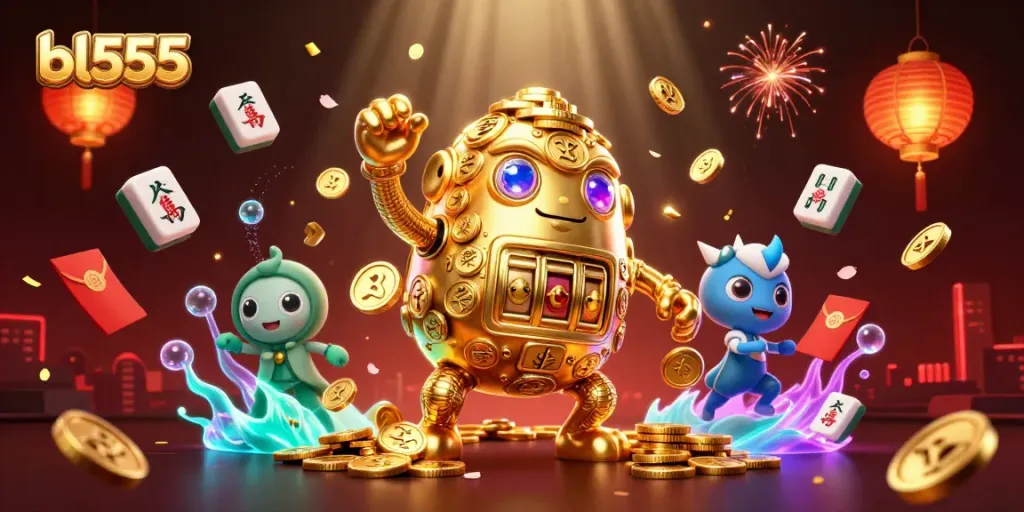 Embark on thrilling gaming adventures at bl555 with a dynamic scene showcasing 3D characters and casino elements.