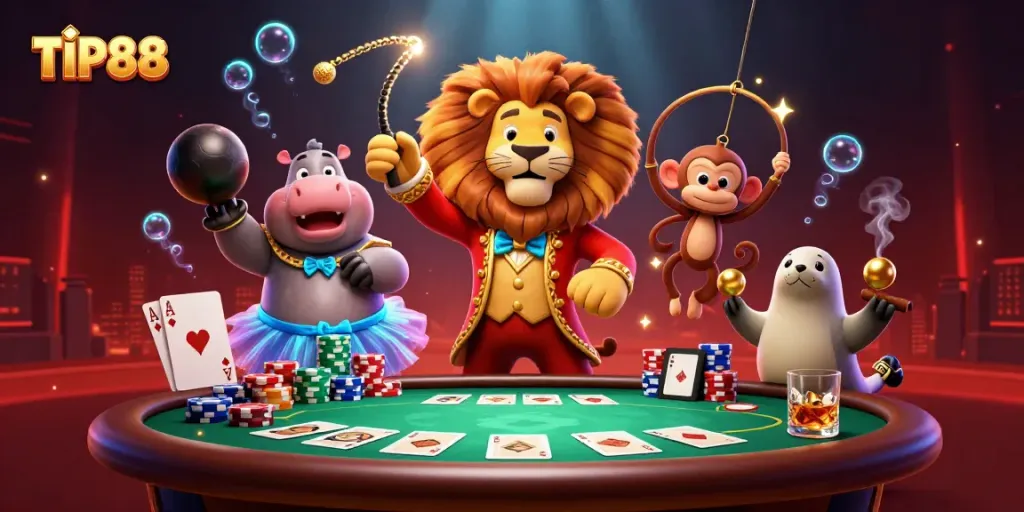 Engage with TIP88's thrilling atmosphere through casino-themed characters in an electrifying 3D scene.
