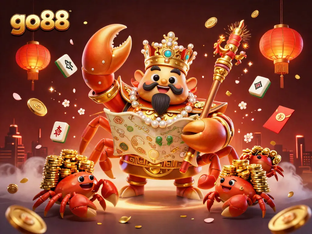 Experience the excitement of go88 with a vibrant 3D scene of a golden crab emperor overseeing gaming treasures.