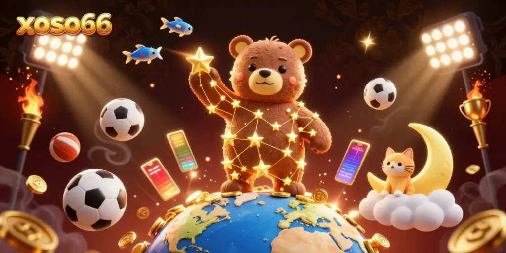 Create winning strategies at xoso66 with a stunning visual of a cosmic bear gathering treasure.