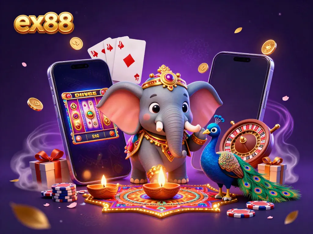 Spin the reels with ex88's vibrant 3D casino-themed illustration featuring golden coins and playing cards.