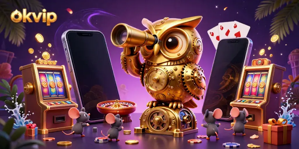 Experience the exciting allure of okvip with a vibrant 3D casino scene featuring a golden owl and dynamic gaming elements.