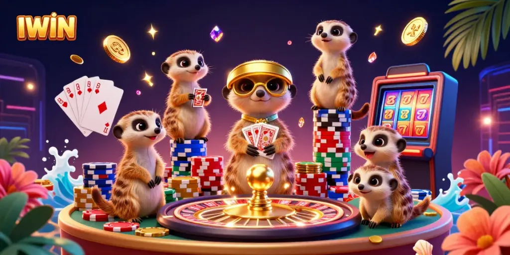 IWIN showcases an exciting casino experience with meerkats running games, surrounded by vibrant gambling elements.