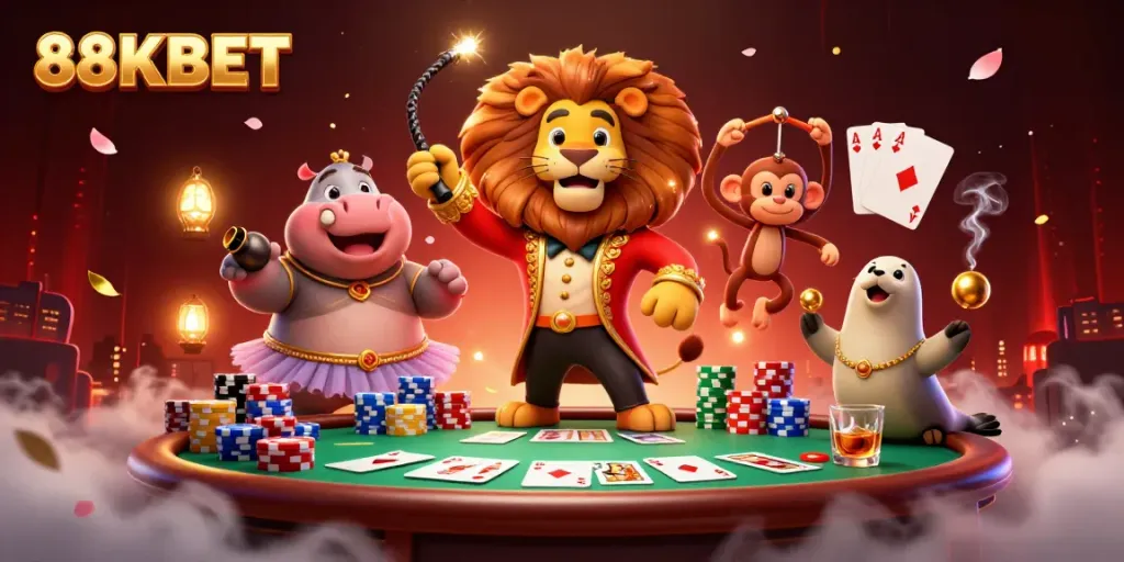 Experience the excitement at 88KBET, where thrilling casino adventures await with poker and vibrant characters.