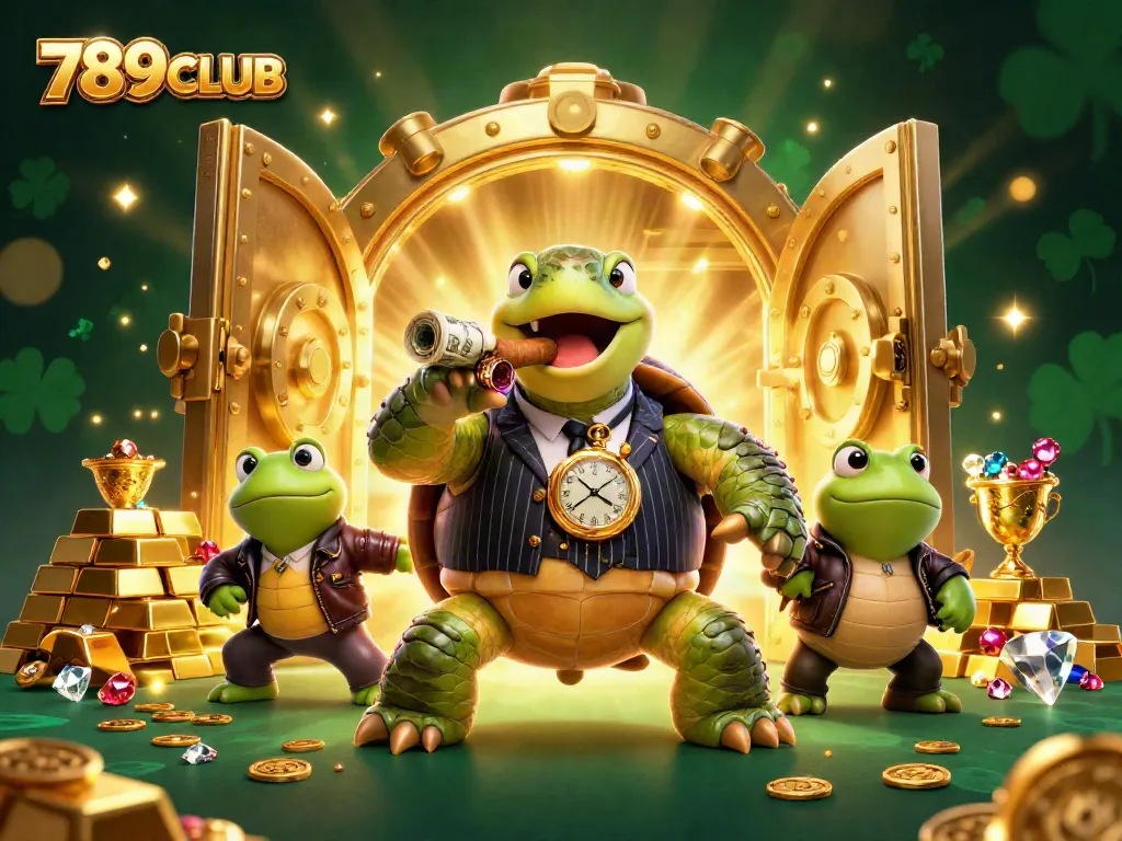 Experience thrilling 789CLUB moments with a massive snapping turtle and bullfrog enforcers amidst shimmering treasures.