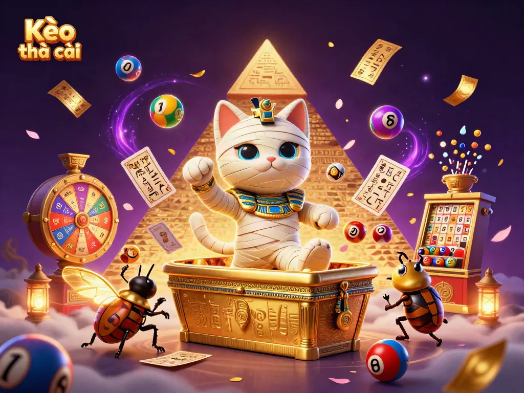 Engage with Kèo nhà cái in an action-packed scene featuring a mummy cat and a scarab beetle among casino elements.