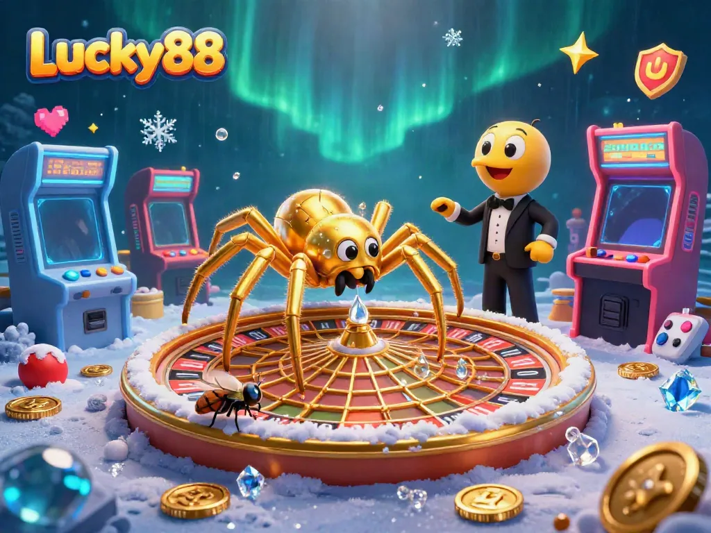 Experience Lucky88 thrills with a golden roulette web, vibrant arcade elements, and unique characters in dynamic betting action.