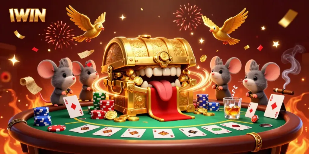 Play exciting games with IWIN and discover rich treasures amidst colorful casino elements.