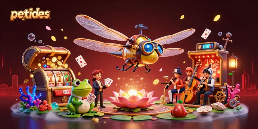 Win with peptides at the lively lily pad casino, featuring a frog dealer and jazz musicians.