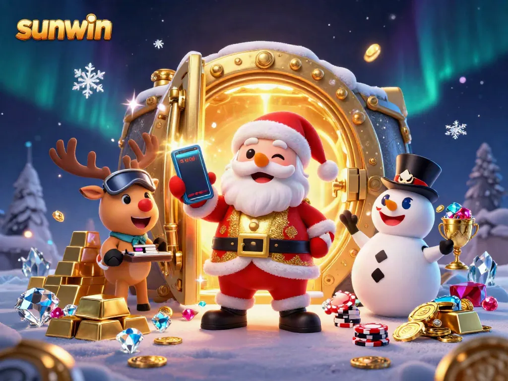 Experience the excitement of sunwin with Santa and friends celebrating jackpots in a festive casino.